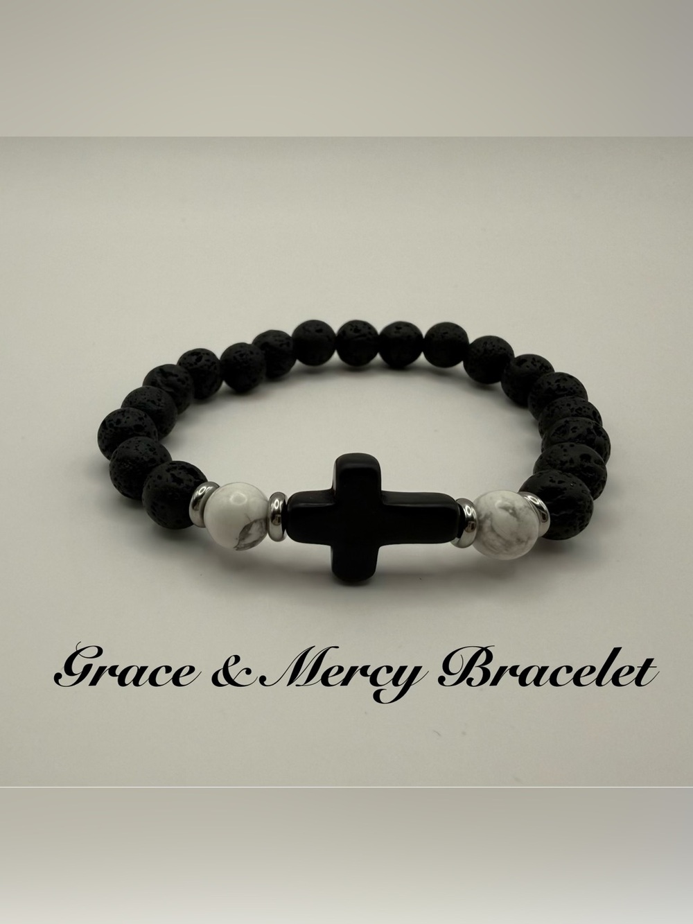 Grace & Mercy Bracelet Unisex - Black Lava Stone & Howlite Bead with Stone Cross